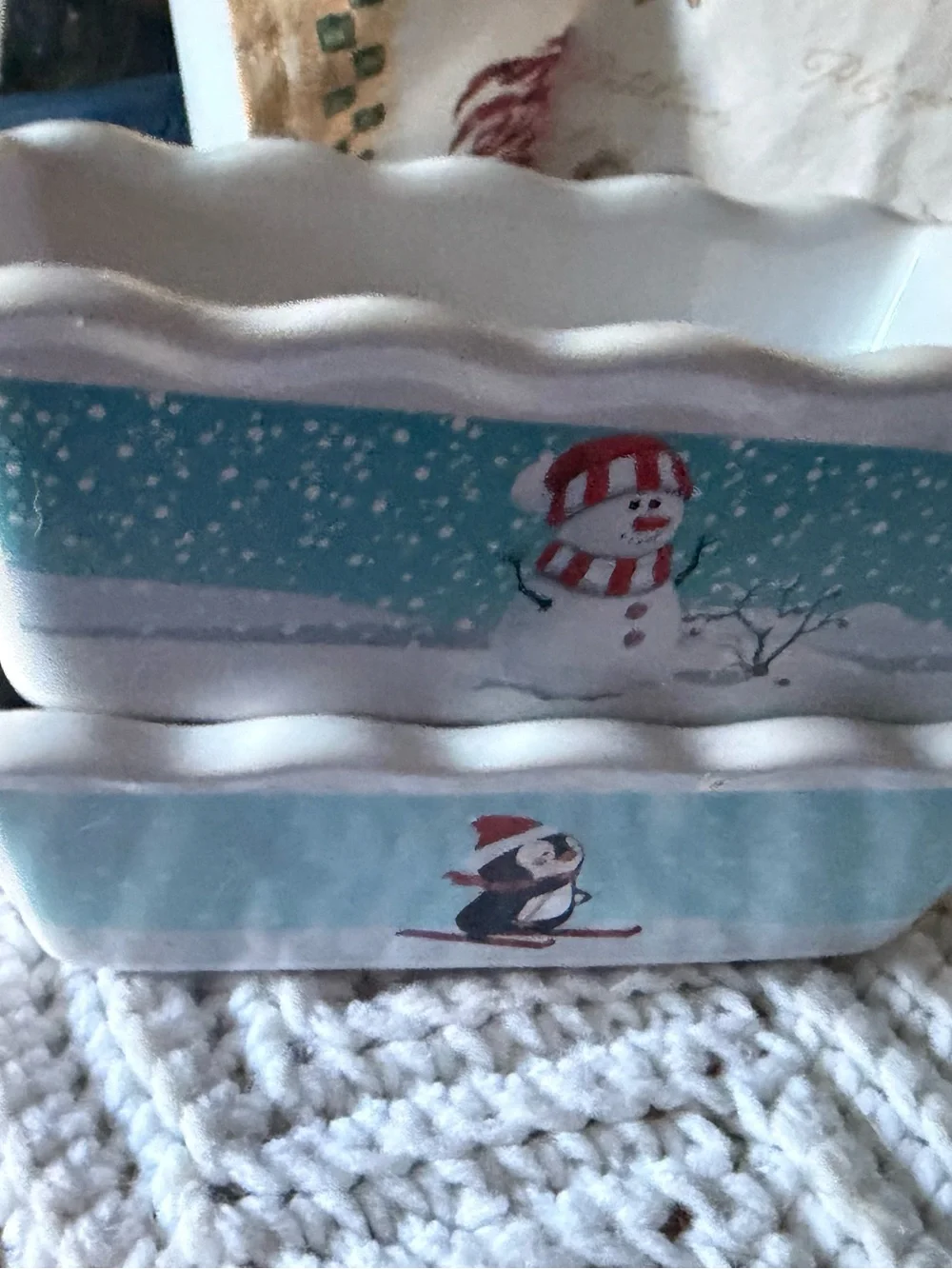 Festive Snowman & Penguin Ceramic Baking Dishes - Blue